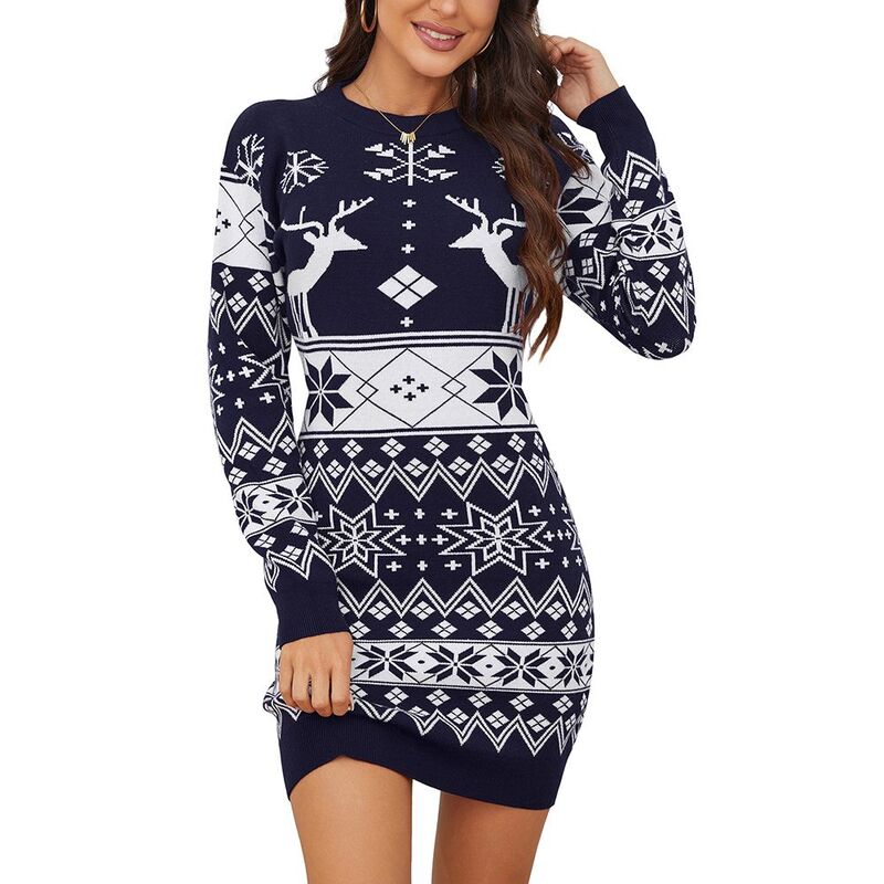 ミスキー レディース トップス ワンピース プリント ミニ セーター ニット MISSKY Women Ugly Christmasweater Dress Printed Long Sleeve Knit Mini Dress Xmas Tunic Dress Royal Blue ブルー｜ReVida 店