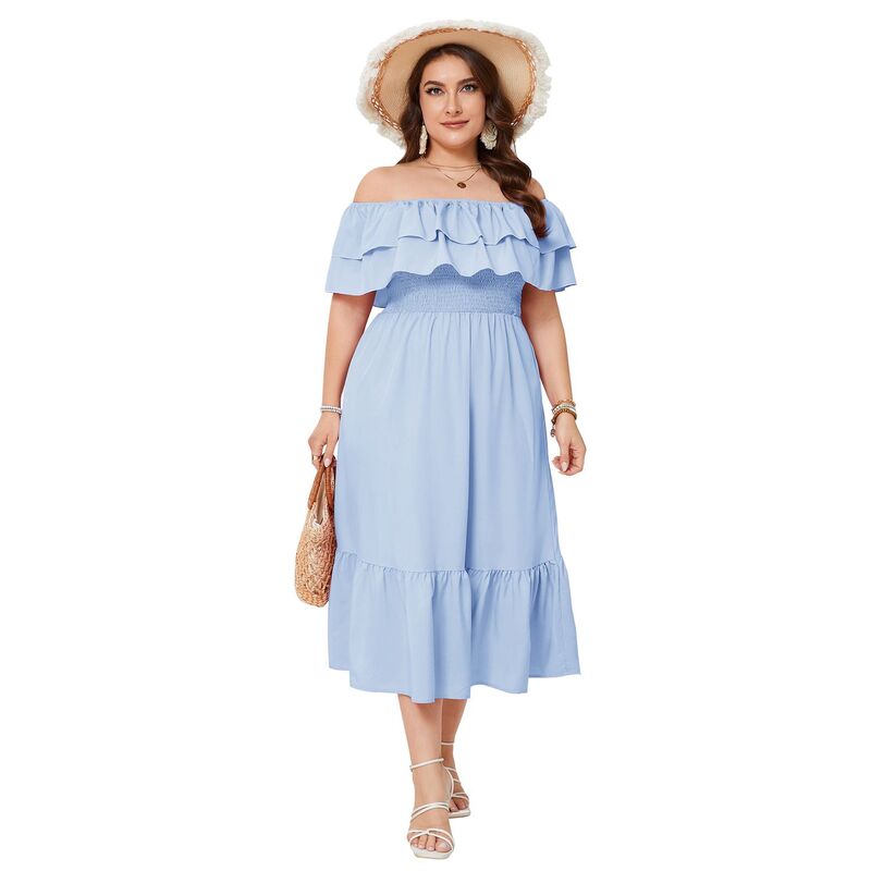 コジョイン レディース トップス ワンピース プラスサイズ フリル マキシ Kojooin Women Plusize Off Shoulder Maxi Dress Ruffle Flowy Casual Summer Boho Long Dresses Light Blue ブルー｜ReVida 店
