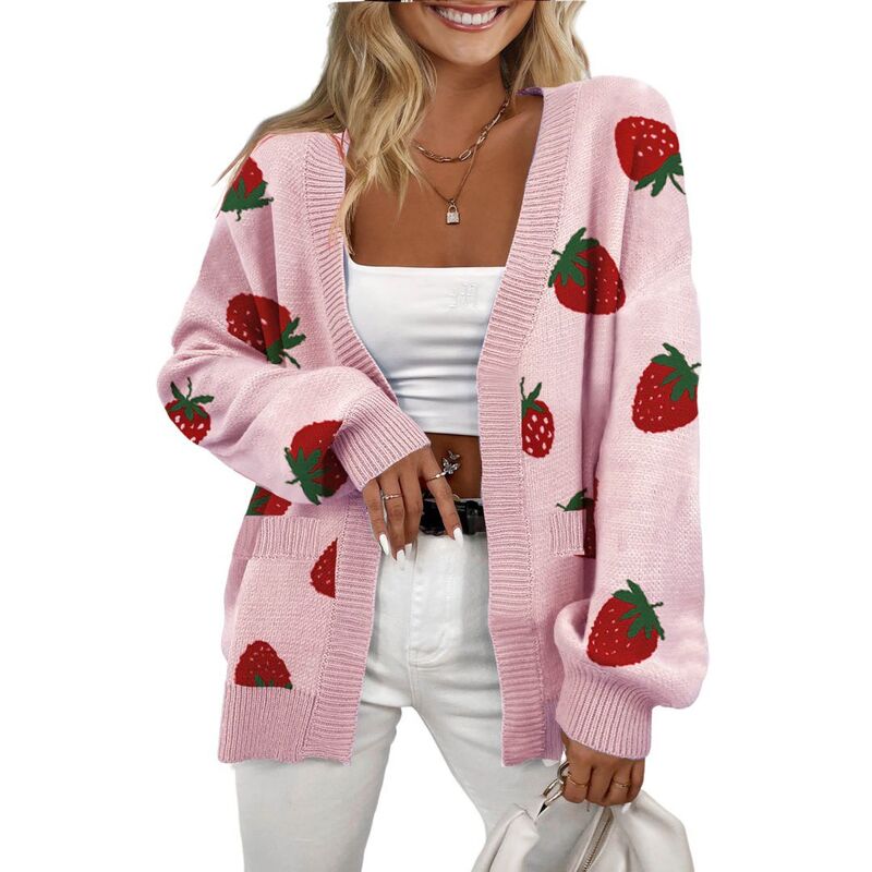 イエスファッション レディース アウター ニット・セーター カーディガン Yesfashion Women'strawberry Pattern Jacquard Cardigan Sweater Casual Open Front Long Sleeve Style Sweater Pink ピンク｜ReVida 店