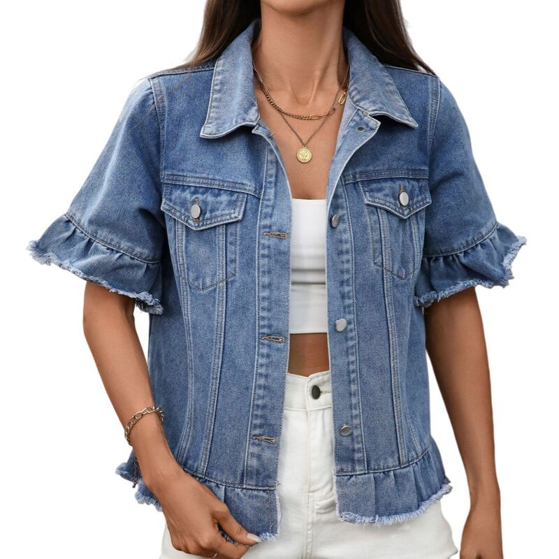 イエスファッション レディース アウター ジャケット・ブルゾン ボタンダウン フリル ダウン クロップド デニム Yesfashion Women's Denim Jacket Ruffle Sleeve Button Down Distressed Cropped Jean Jackets Blue ブルー|ReVida 店