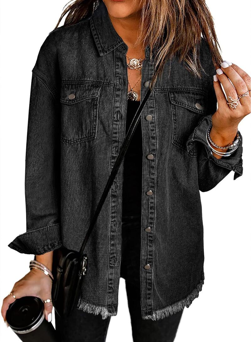 エリートチョイス レディース アウター ジャケット・ブルゾン ボタンダウン シャツ ダウン Elitechoice Women's Oversized Shirt Jacket Long Sleeve Frayed Hem Button Down Jean Shacket with Chest Pockets Black ブラック|ReVida 店