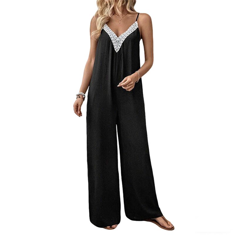 クリアフラワー レディース トップス ワンピース ワイドレッグ レーストリム ロンパース ノースリーブ レース ジャンプスーツ ClearFlower Women's Lace Trim Sleeveless Wide Leg Jumpsuit, Spaghetti Strap Back Tie Casual Romper Black ブラック｜ReVida 店