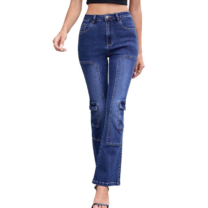 セオリア レディース ボトムス デニムパンツ スリムフィット ブーツカット ブーツ ジーンズ Seoria Women's Mid-Rise Cargo Bootcut Jeans Washed Stretch Slim Fit Denim Pants with Pockets Blue ブルー|ReVida 店