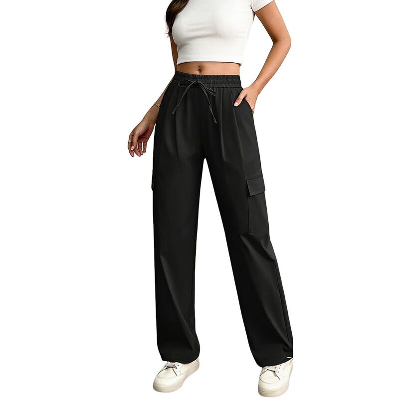 クリアフラワー レディース ボトムス カジュアルパンツ ストレート ClearFlower Womens Elastic Waistraight Leg Cargo Trousers with Tie Front Pocket Pants Black ブラック|ReVida 店