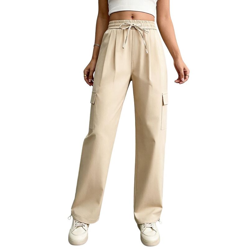 クリアフラワー レディース ボトムス カジュアルパンツ ストレート ClearFlower Womens Elastic Waistraight Leg Cargo Trousers with Tie Front Pocket Pants Khaki カーキ|ReVida 店