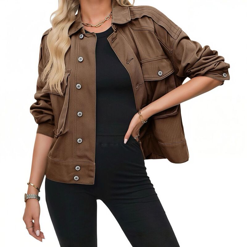 クリアフラワー レディース アウター ジャケット・ブルゾン ボタンダウン コート ダウン デニム ClearFlower Women ’ solidenim Jacket, Casual Classic Jean Coat with Button Down, Lightweightrucker Style Brown ブラウン|ReVida 店