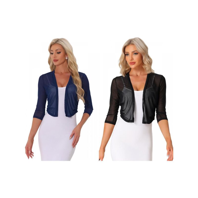インスパイア シック レディース アウター ニット・セーター メッシュ シアー カーディガン INSPIRE CHIC 2 Packs Meshrug for Women's Elegant 3/4 Sleeve Open Front Sheer Bolero Cardigan Black Dark Blue ブラック｜ReVida 店