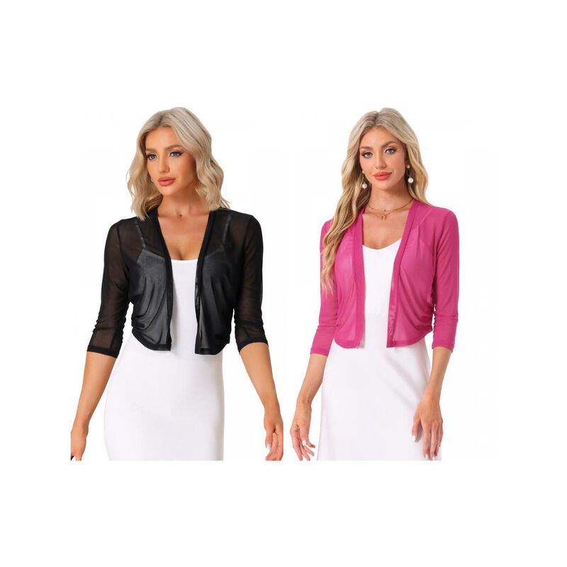 インスパイア シック レディース アウター ニット・セーター メッシュ シアー カーディガン INSPIRE CHIC 2 Packs Meshrug for Women's Elegant 3/4 Sleeve Open Front Sheer Bolero Cardigan Black Fuchsia ブラック｜ReVida 店 11,920円