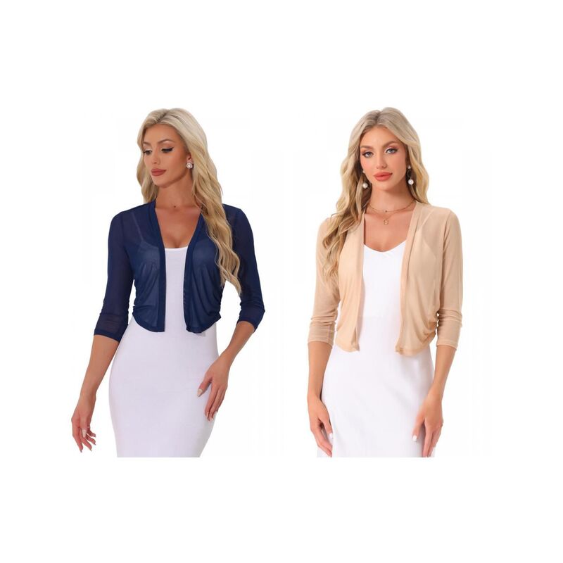 インスパイア シック レディース アウター ニット・セーター メッシュ シアー カーディガン INSPIRE CHIC 2 Packs Meshrug for Women's Elegant 3/4 Sleeve Open Front Sheer Bolero Cardigan Khaki Dark Blue ブルー｜ReVida 店