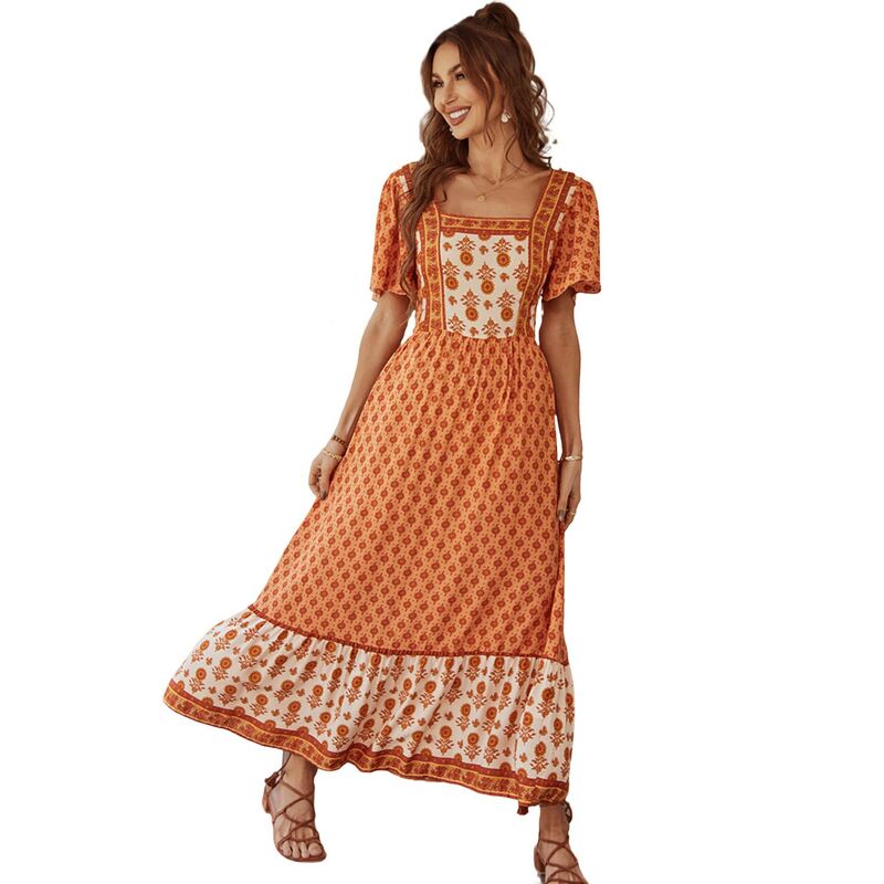 イエスファッション レディース トップス ワンピース ヴィンテージ フラワー柄 プリント フリル マキシ フラワー Yesfashion Women'summer Boho Floral Print Dress Vintage Square Neck Ruffle Swing Flowy Beach Long Maxi Dress Orange オレンジ｜ReVida 店 10,836円