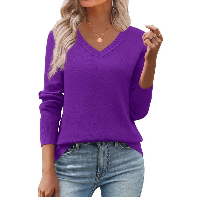 ジーグー レディース アウター ニット・セーター Vネック リブ Zeagoo Women's Fall V Neck Sweater Trendy Long Sleeve Lightweight Ribbed Knit Pullover Tops Dark Purple パープル｜ReVida 店