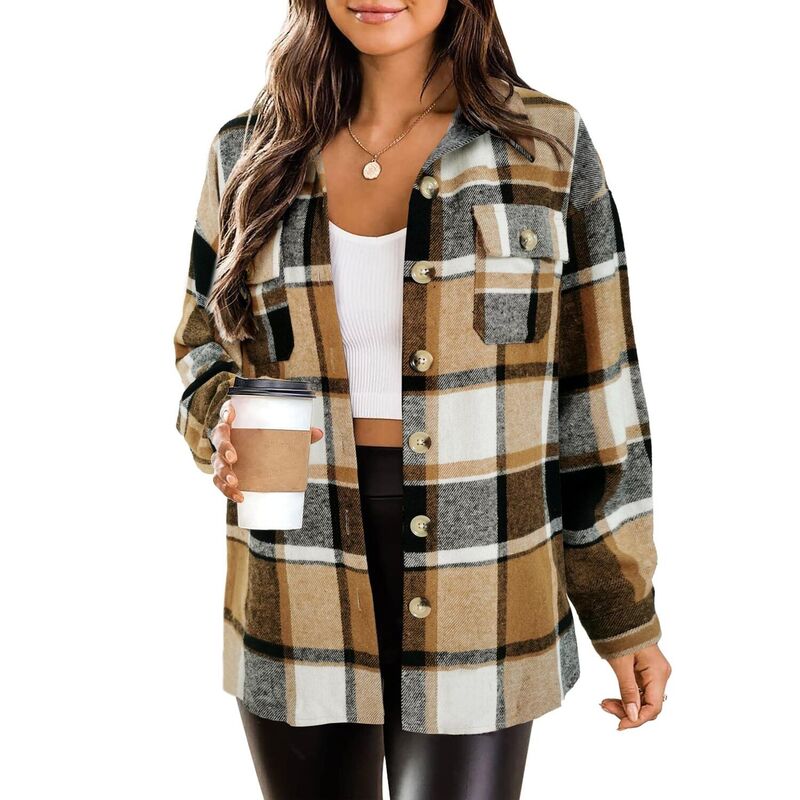 ジーグー レディース アウター ジャケット・ブルゾン ドロップショルダー コート Zeagoo Women Long Sleeve Flannel Plaid Shacket Coat Drop Shoulder Boyfriend Comfy Jacket Coffee コーヒー｜ReVida 店