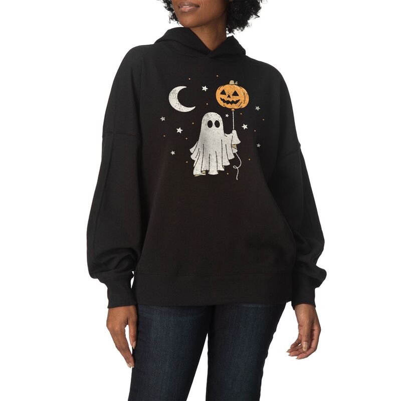 アニメキャラクター レディース トップス Tシャツ スウェット フリース パーカー Licensed Character Women's Ghost & Pumpkin Balloon Oversized Fleece Hoodie Sweatshirt Black ブラック｜ReVida 店