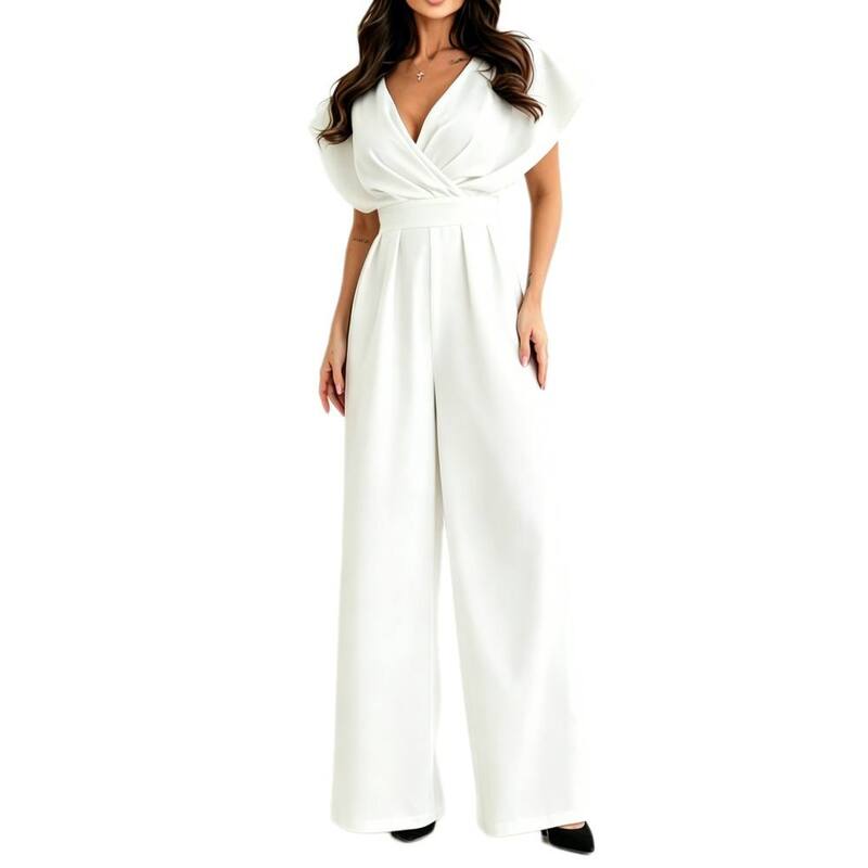 イエスファッション レディース トップス ワンピース Vネック ジャンプスーツ Yesfashion Women's Elegant V-Neck Wide-Leg Jumpsuit with Flutter Sleeves White ホワイト｜ReVida 店