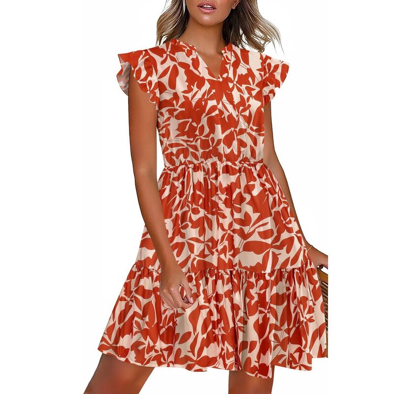 ジーグー レディース トップス ワンピース ティアード プリント フリル ミニ Zeagoo Women Printedress for Summer Short Ruffle Sleeve Dress Tie red Mini Dress with Pockets Orange Plant Print オレンジ｜ReVida 店 11,300円