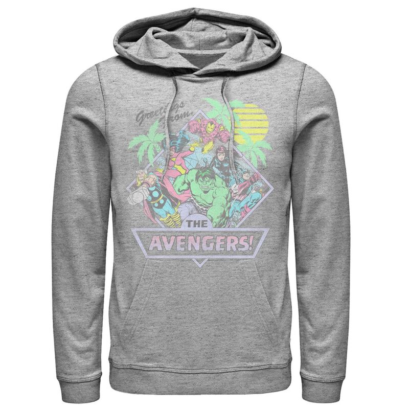 アニメキャラクター メンズ トップス Tシャツ パーカー Licensed Character Men's Marvel Avengers Group Shot Greetings Post Card Hoodie Athletic Heather ヘザー｜ReVida 店