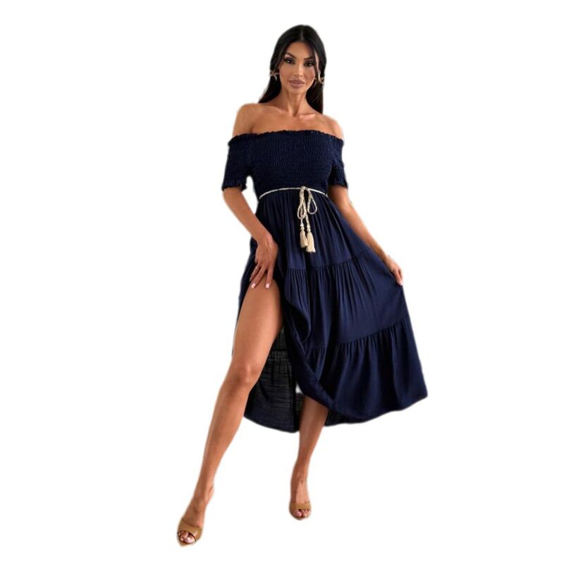 イエスファッション レディース トップス ワンピース プリーツ Yesfashion Women's Casual Short Sleeve Off Shoulder Dress Boho Dresses Pleatedrawstring Flowy Dresses Navy Blue ネイビー｜ReVida 店