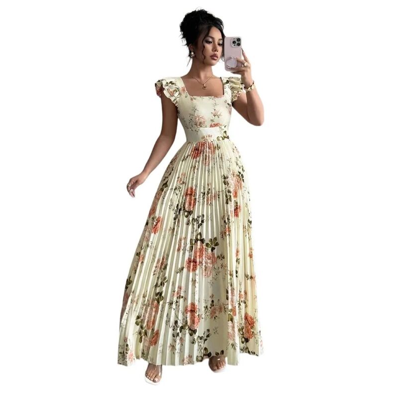 エリートスピリット レディース トップス ワンピース フラワー柄 プリーツ マキシ フラワー EliteSpirit Floral Pleated Maxi Dressquare Neck Flowy Summer Long Weddinguest Dresses for Women Apricot アプリコット｜ReVida 店