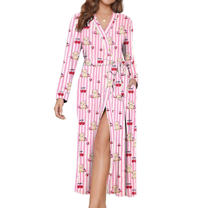 エコアー レディース アンダーウェア ナイトウェア ニット Ekouaer Women's Lightweight Soft Knit Full-Length Robe with Pockets Pink Stripe Teddy Bear ピンク｜ReVida 店