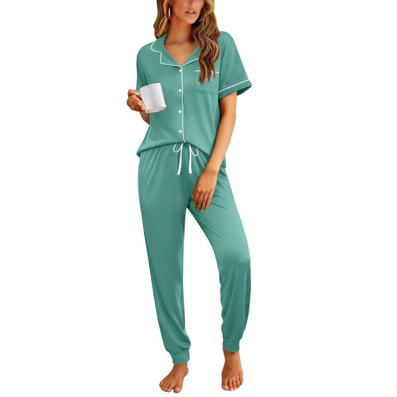 エコアー レディース アンダーウェア ナイトウェア ボタンダウン Ekouaer Women Pajama Set Short Sleeve Button Down Pjsoft Comfy Sleepwear Nightwear with Jogger Aqua Green アクア｜ReVida 店