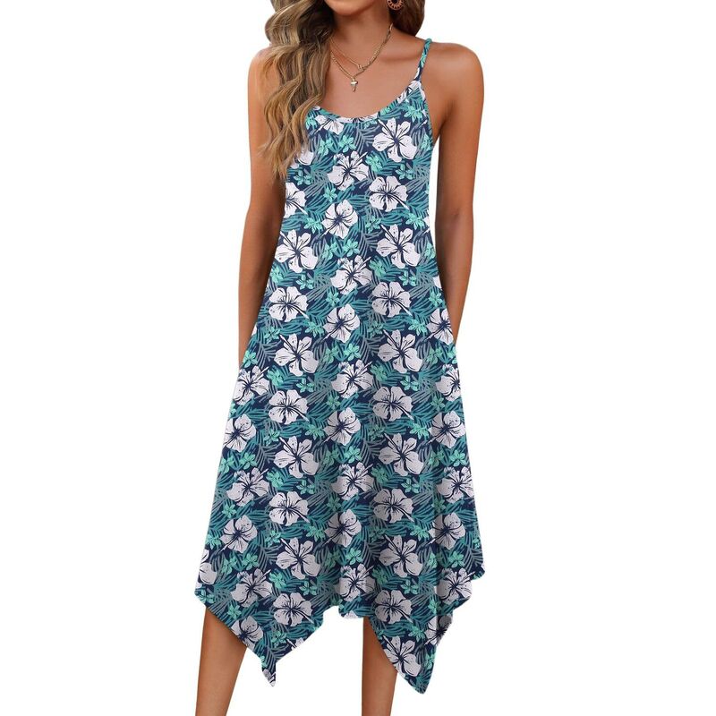 ジーグー レディース トップス ワンピース フラワー柄 ミディ ノースリーブ フラワー Zeagoo Women'spaghetti Strap Floral Midi Beach Dressleeveless Boho Sundress with Pockets Floral Blue ブルー｜ReVida 店