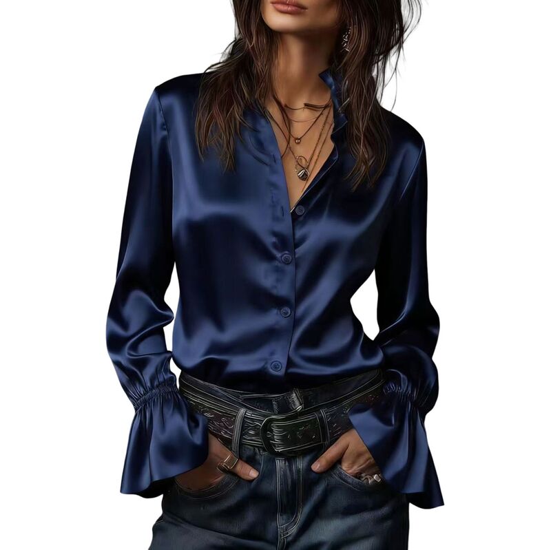 コジョイン レディース トップス シャツ フリル サテン ダウン ブラウス Kojooin Women'satin Button-Down Blouse, Ruffle Collar Bell Sleeve Dresshirt Navy Blue ネイビー｜ReVida 店