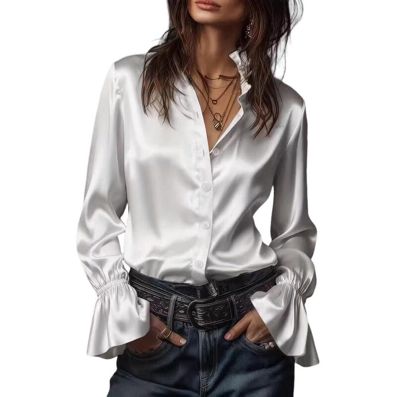 コジョイン レディース トップス シャツ フリル サテン ダウン ブラウス Kojooin Women'satin Button-Down Blouse, Ruffle Collar Bell Sleeve Dresshirt White ホワイト|ReVida 店