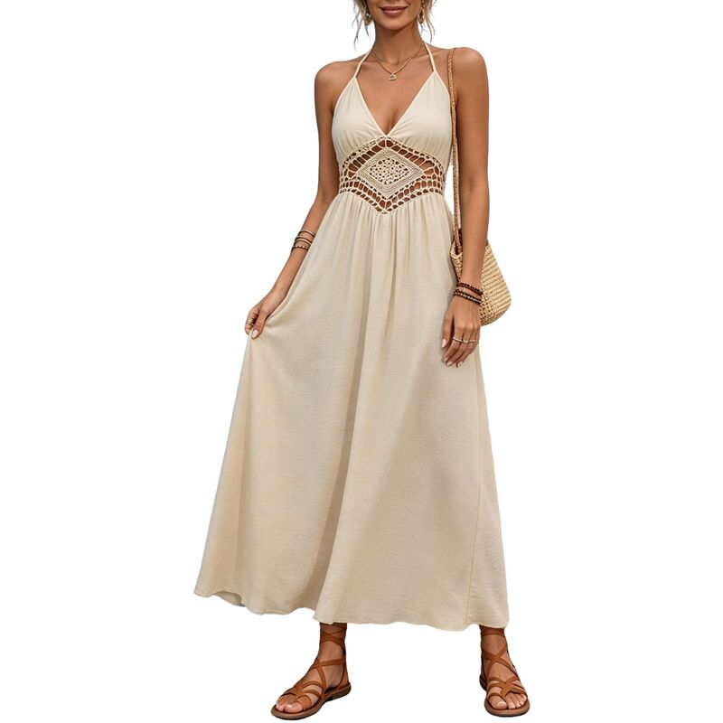 エリートスピリット レディース トップス ワンピース オープンバック A ライン マキシ ホルター EliteSpirit Women's Halter Maxi Dress Deep V Neckline Open Back with Tie Crochet Flowy A Line Dress Beige ベージュ|ReVida 店