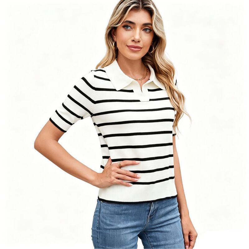 クリアラブ レディース トップス シャツ セーター ニット Clearlove Women'striped Knit Polo Shirt Short Sleeve Casual Sweater Top Black ブラック｜ReVida 店