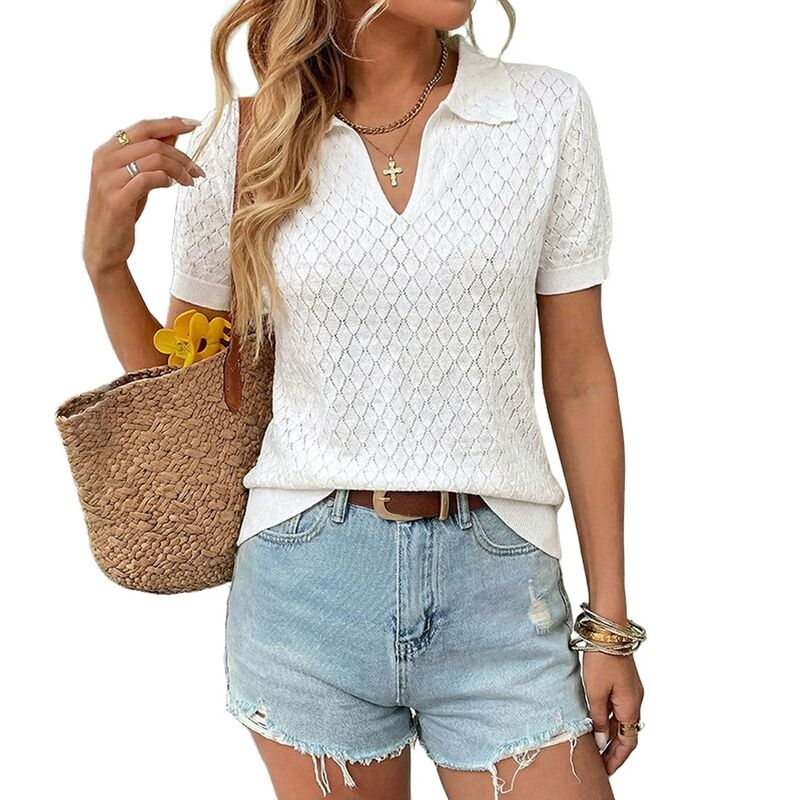 クリアフラワー レディース トップス シャツ Vネック ブラウス ニット ClearFlower Women's Open-Knit Polo Neck Top, Short Sleeve V-Neck Casual Summer Knit Blouse White ホワイト｜ReVida 店 10,991円