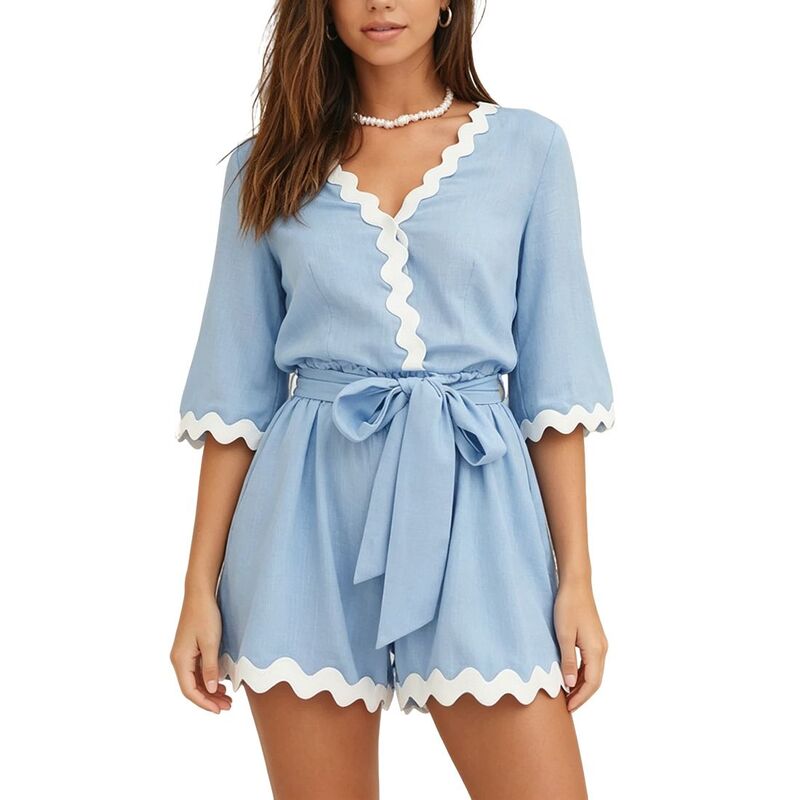 クリアフラワー レディース トップス ワンピース Vネック ロンパース ジャンプスーツ ClearFlower Women's Ric Rac Trim Wrap Romper V-Neck Three Quarter Sleeve Self Tie Waist Casual Short Jumpsuit Blue ブルー｜ReVida 店