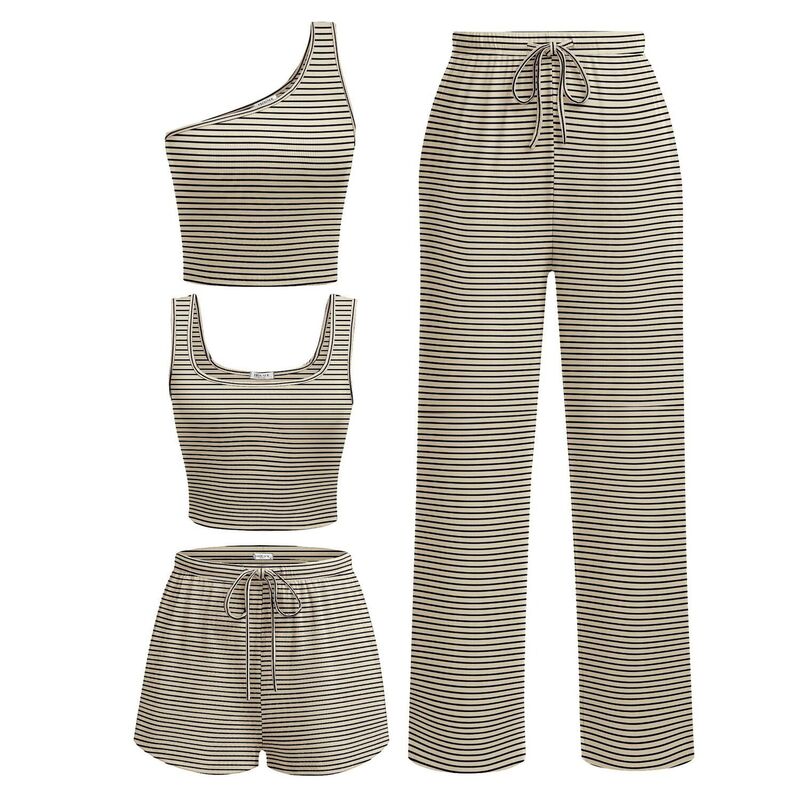 エコアー レディース アンダーウェア ナイトウェア リブ パンツ ショートパンツ ニット Ekouaer Womens 4 Piece Lounge Sets Ribbed Knit Crop Tank Top and Shorts Pants Casual Outfits Beige Black Stripe ブラック｜ReVida 店