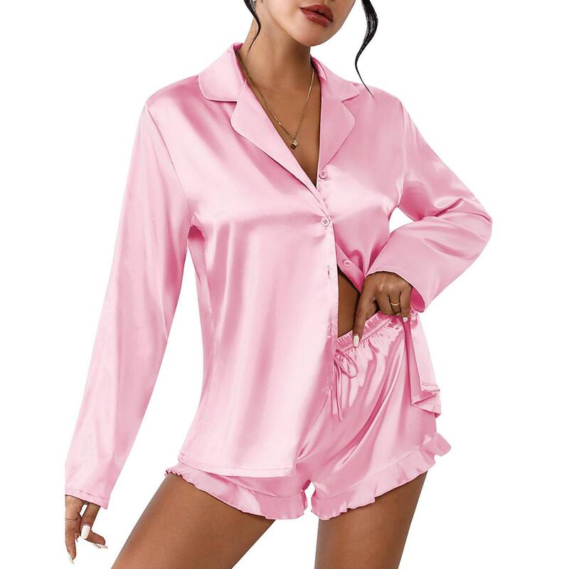 エコアー レディース アンダーウェア ナイトウェア ボタンダウン ショートパンツ サテン ダウン Ekouaer Womensatin Pajama Sets Long Sleeve Top and Shorts Lounge Set Button Down Sleepwear Pink ピンク｜ReVida 店