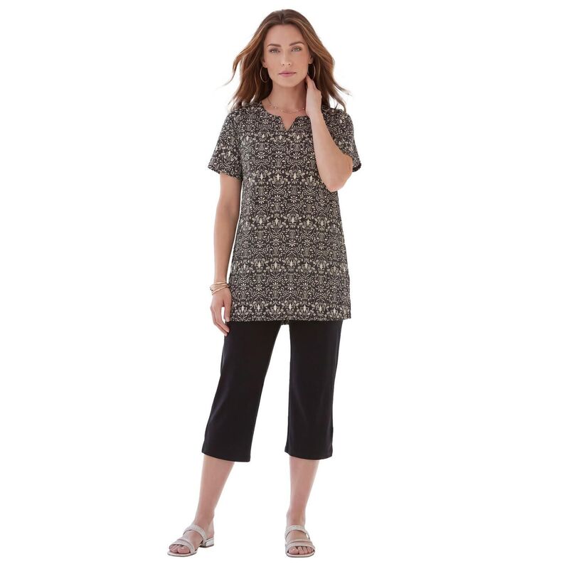 ロアマンズ レディース トップス Tシャツ プラスサイズ プリント ニット Roaman's Women's Plusize Soft Knit Printunic With Notch Neckline Black Floral Stencil ブラック|ReVida 店