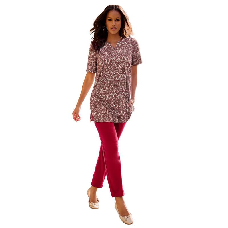 ロアマンズ レディース トップス Tシャツ プラスサイズ プリント ニット Roaman's Women's Plusize Soft Knit Printunic With Notch Neckline Rich Burgundy Floral バーガンディ|ReVida 店
