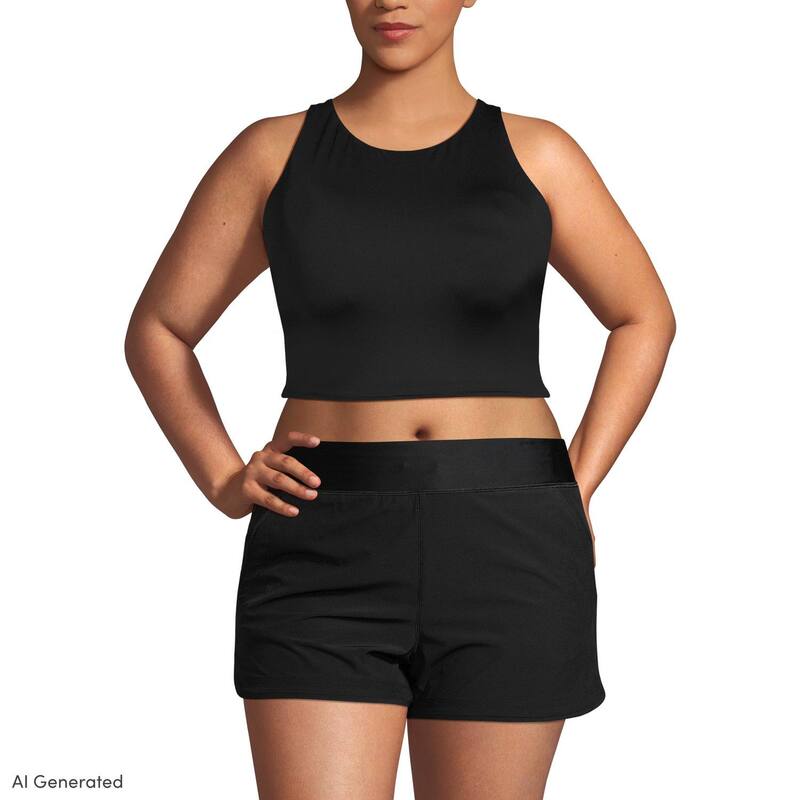 ランズエンド レディース 水着 トップのみ ハイネック プラスサイズ Plusize Lands' End High Neck Racerback Tankini Swim Top Black ブラック｜ReVida 店