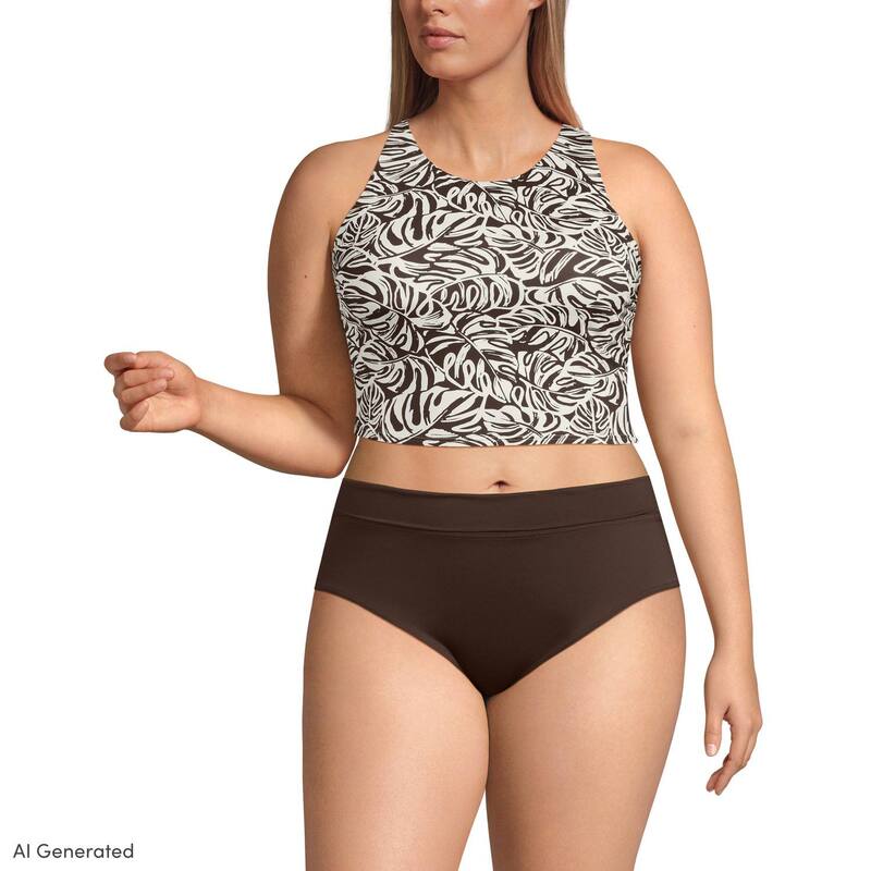 ランズエンド レディース 水着 トップのみ ハイネック プラスサイズ Plusize Lands' End High Neck Racerback Tankini Swim Top Brown Mini Leaves ブラウン｜ReVida 店
