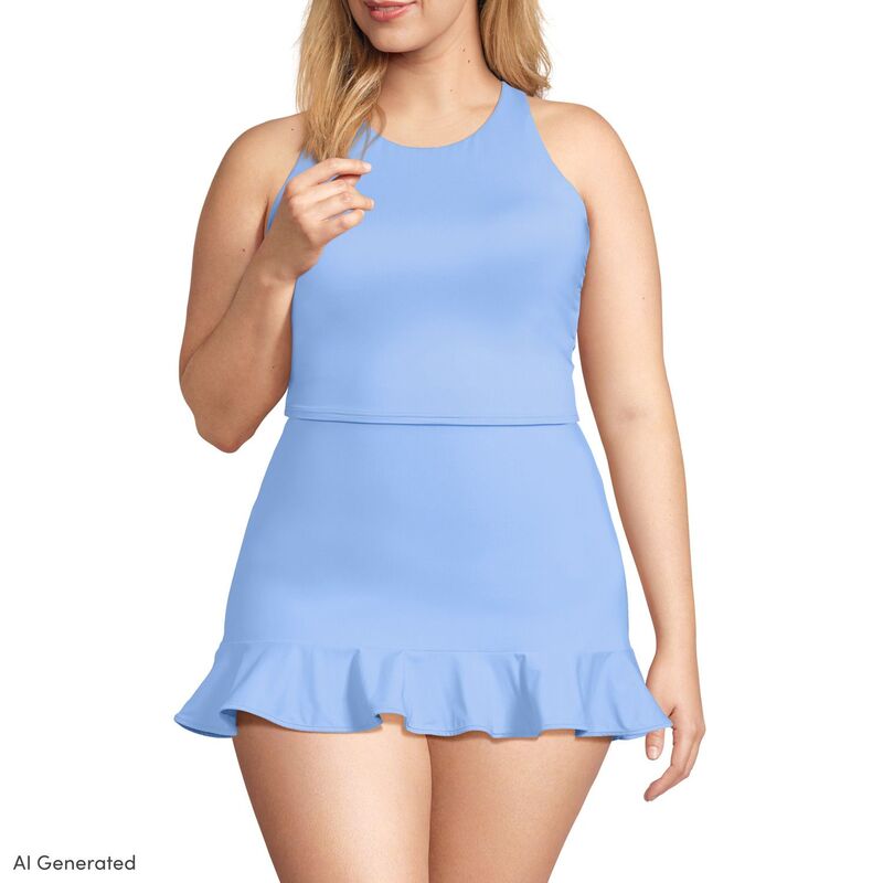 ランズエンド レディース 水着 トップのみ ハイネック プラスサイズ Plusize Lands' End High Neck Racerback Tankini Swim Top Clear Blue Sky ブルー｜ReVida 店