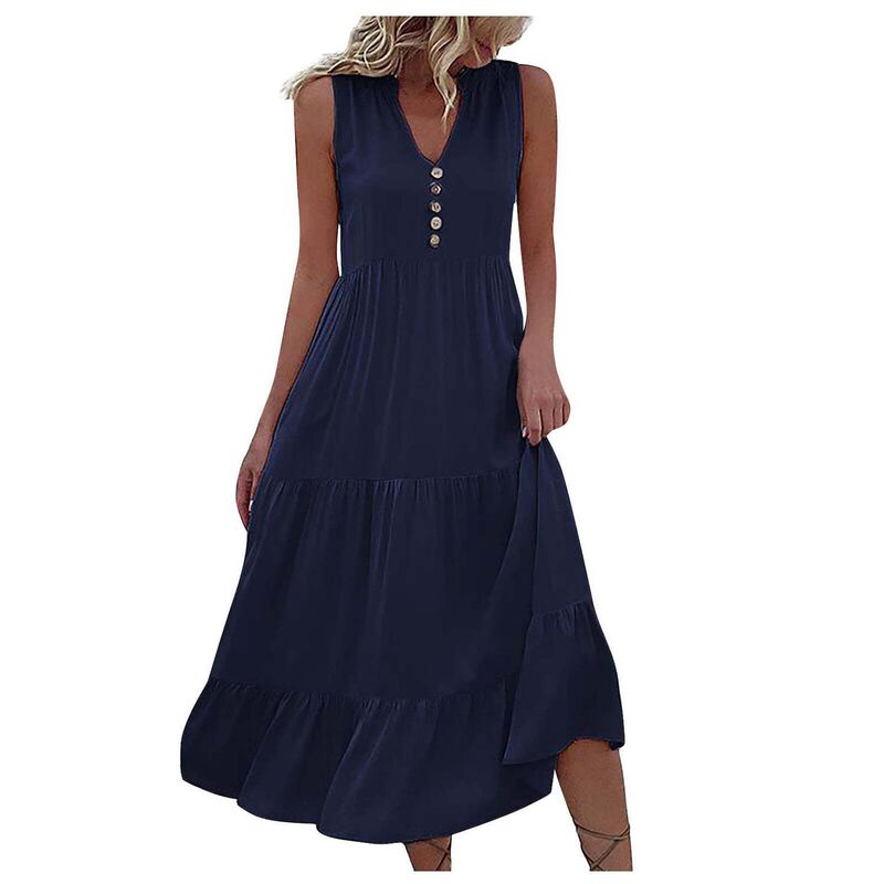 コジョイン レディース トップス ワンピース Vネック ノースリーブ Kojooin Womensummer Dress V Neck Sleeveless Button Front Loose Fit Casual Dress Navy Blue ネイビー|ReVida 店