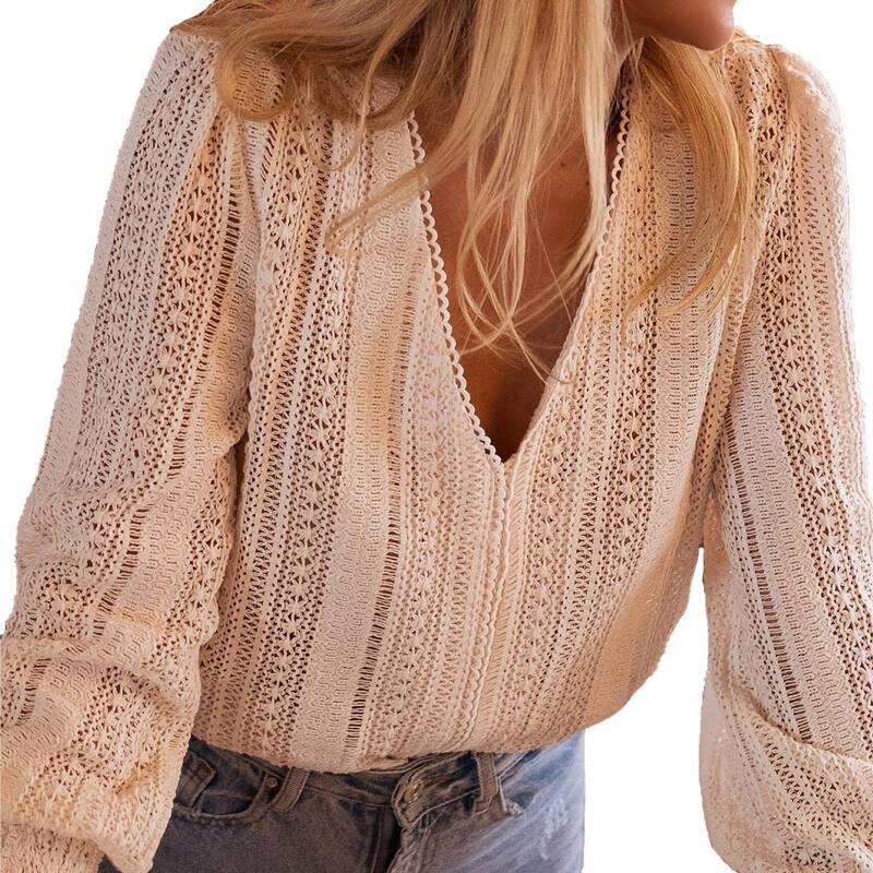 クリアフラワー レディース トップス シャツ Vネック ブラウス レース ClearFlower Women'summer Fall Casualantern Long Sleeve Lace Shirt V Neck Solid Color Top Elegant Blouse Apricot アプリコット|ReVida 店