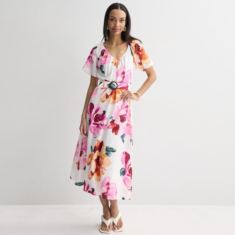 ナインウェスト レディース トップス ワンピース Vネック Women's Nine West V-Neck Belted Midaxi Dress Ivory Mira Blooms アイボリー|ReVida 店