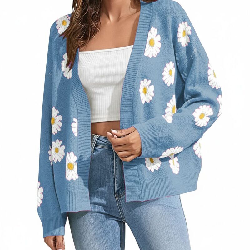 コジョイン レディース アウター ニット・セーター カーディガン Kojooin Sweater Cardigan for Women Long Sleeve Flower Open Front Outerwear Blue ブルー|ReVida 店