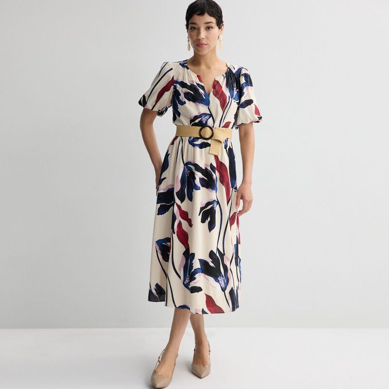 ナインウェスト レディース トップス ワンピース Women's Nine West Y-Neck Belted Midaxi Dress Ivory Raya Blooms アイボリー｜ReVida 店