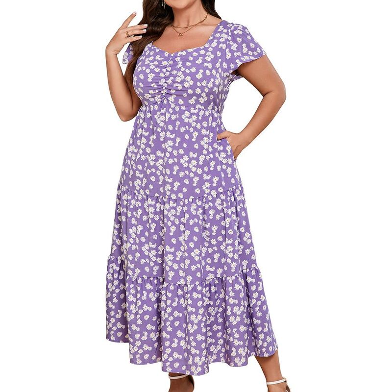 クリアフラワー レディース トップス ワンピース ティアード フラワー柄 プラスサイズ フリル マキシ ClearFlower Women Plusize Floral Maxi Dresshort Sleeve Ruffled Sweetheart Neck Tie red Summer Dress Purple Flower パープル|ReVida 店
