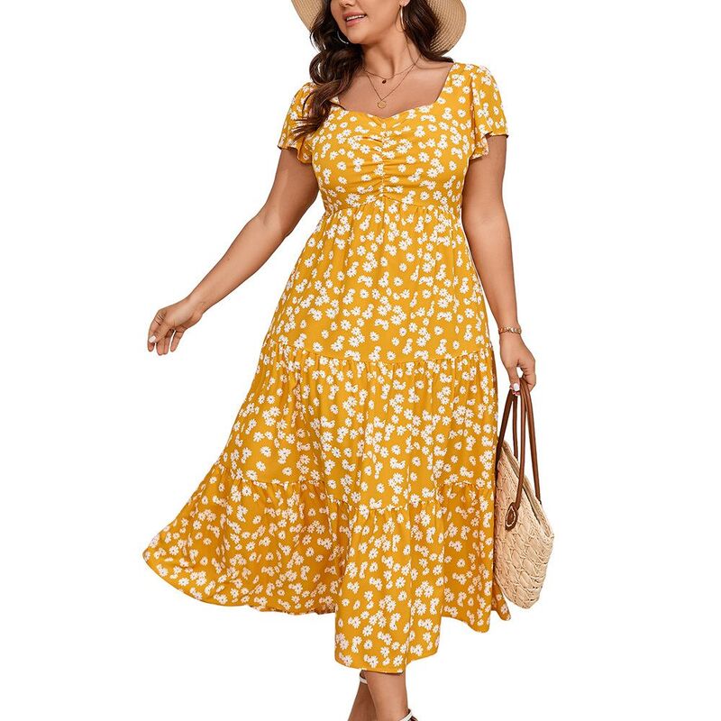 クリアフラワー レディース トップス ワンピース ティアード フラワー柄 プラスサイズ フリル マキシ ClearFlower Women Plusize Floral Maxi Dresshort Sleeve Ruffled Sweetheart Neck Tie red Summer Dress Yellow Flower イエロー|ReVida 店