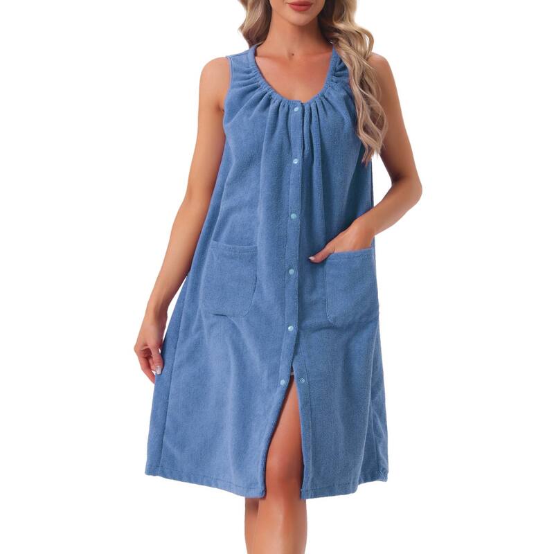 インスパイア シック レディース アンダーウェア ナイトウェア パイル INSPIRE CHIC Women'shower Towel Snaps Wearable Dress Terry Wrap Bathrobe Towelling Cover Up Shower Bath Robe Navy ネイビー｜ReVida 店