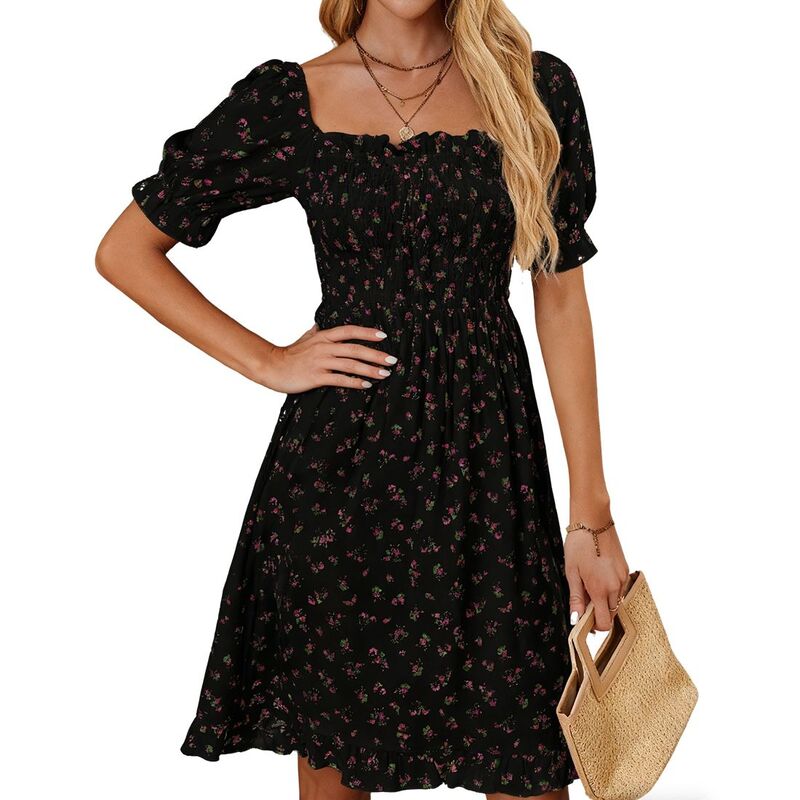 エリートスピリット レディース トップス ワンピース フラワー柄 フリル ミディ シャーリング フラワー EliteSpirit Women'square Neck Short Puff Sleevesmocked Floral Pattern Ruffled Hemidi Dress Black Floral ブラック｜ReVida 店
