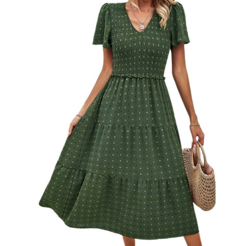 イエスファッション レディース トップス ワンピース Vネック ティアード フリル ミディ シャーリング Yesfashion Women Short Ruffles Tie red Sleeve Smockedresses Boho Dot V Neck Weddinguest Midi Summer Dresses Army Green グリーン｜ReVida 店