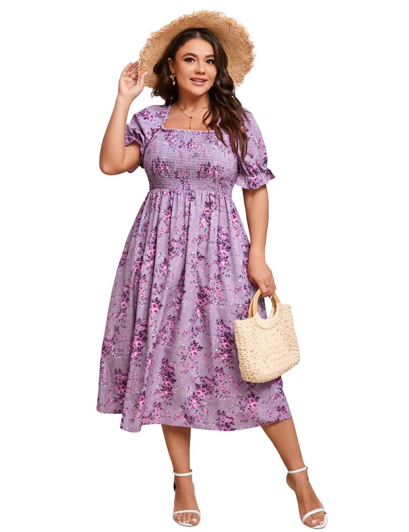ファンジュライ レディース トップス ワンピース フラワー柄 プラスサイズ フラワー FUNJULY Women's Plusize Puff Sleeve Floral Dressquare Neck Casual Dress Purple パープル|ReVida 店