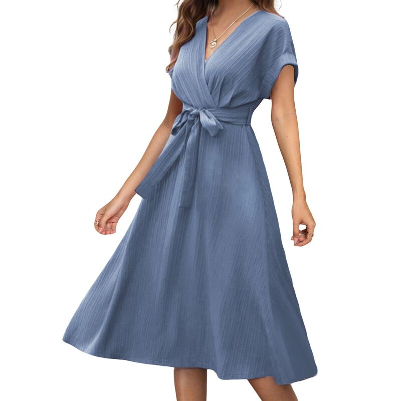 クリアフラワー レディース トップス ワンピース Vネック A ライン ミディ ClearFlower Women's Wrap V Neck Short Sleeve Midi Dress Casual Tie Waist A Line Dresses for Summer Blue ブルー|ReVida 店